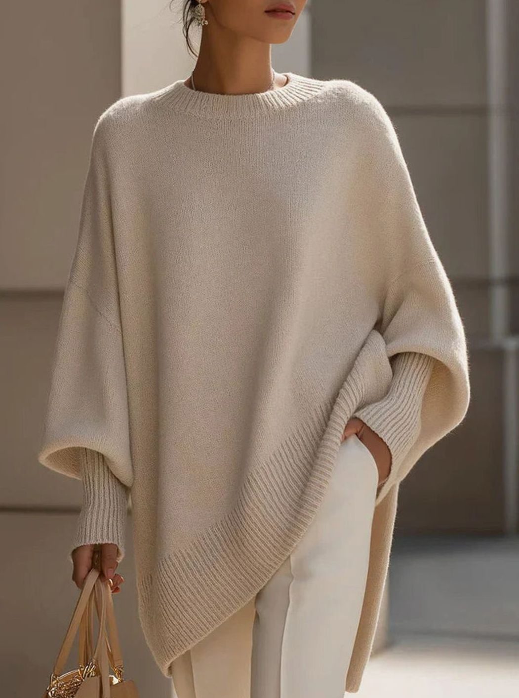 Women's Elegant Oversized Batwing-Sleeve Knit Poncho Sweater, Beige - Beige