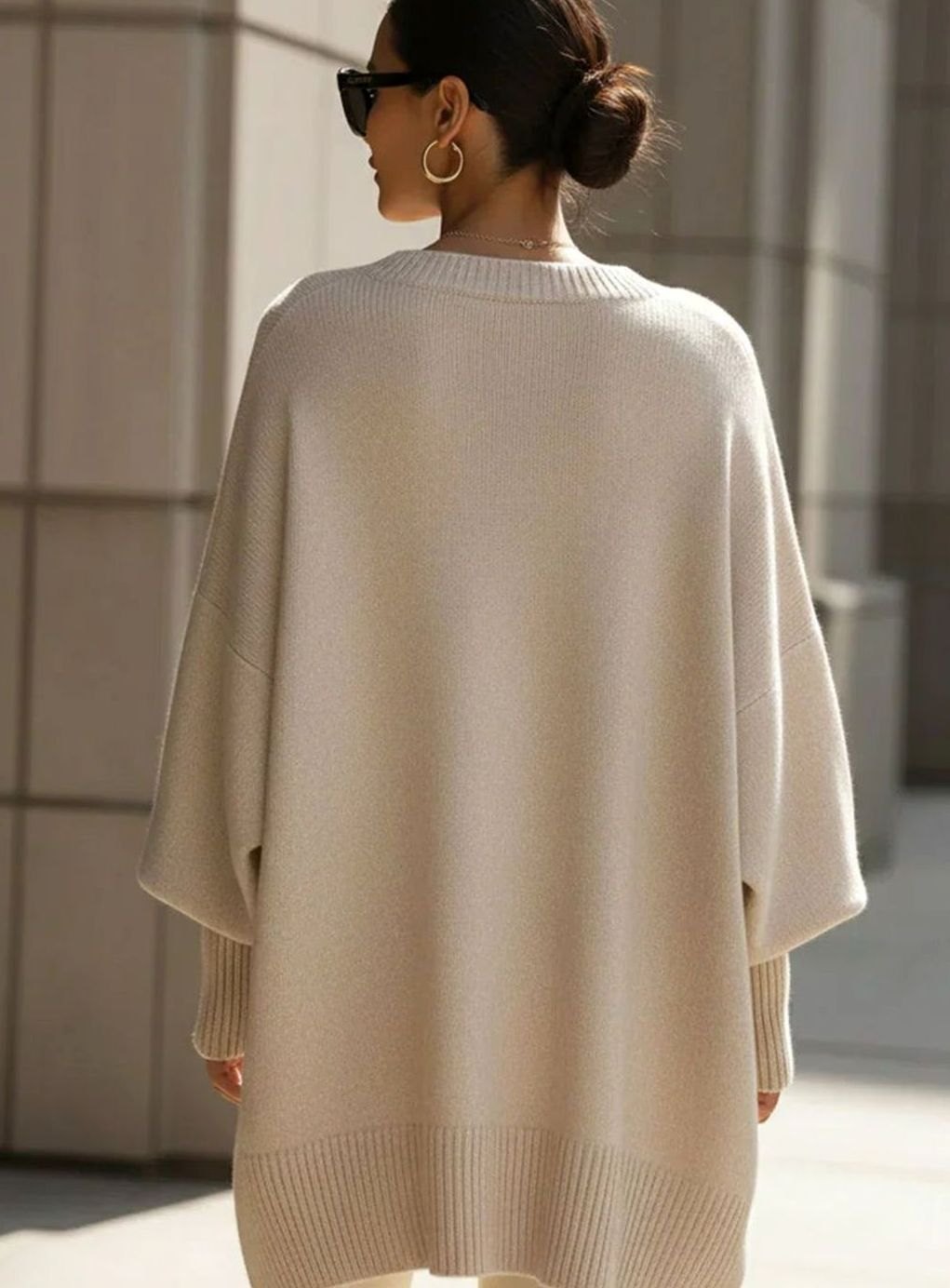 Women's Elegant Oversized Batwing-Sleeve Knit Poncho Sweater, Beige
