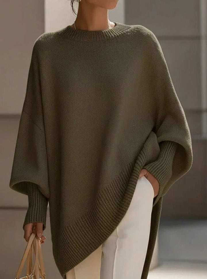 Women's Elegant Oversized Batwing-Sleeve Knit Poncho Sweater, Beige - Olive