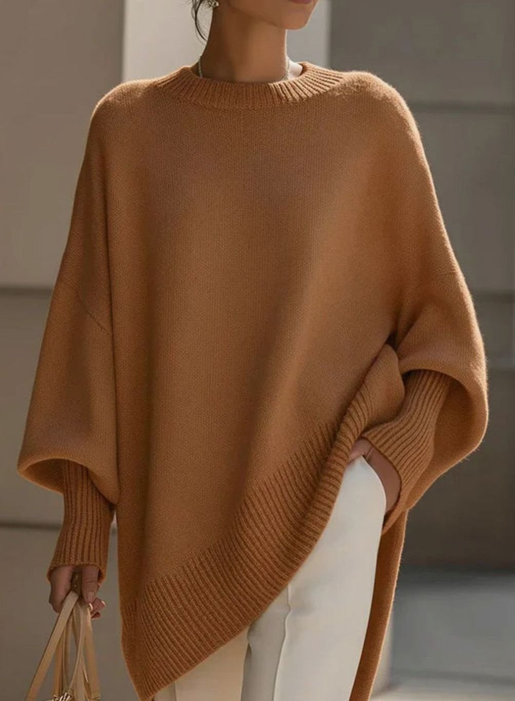 Women's Elegant Oversized Batwing-Sleeve Knit Poncho Sweater, Beige - Orange