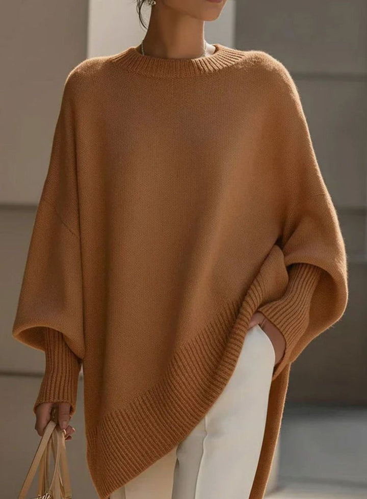 Women's Elegant Oversized Batwing-Sleeve Knit Poncho Sweater, Beige - Orange