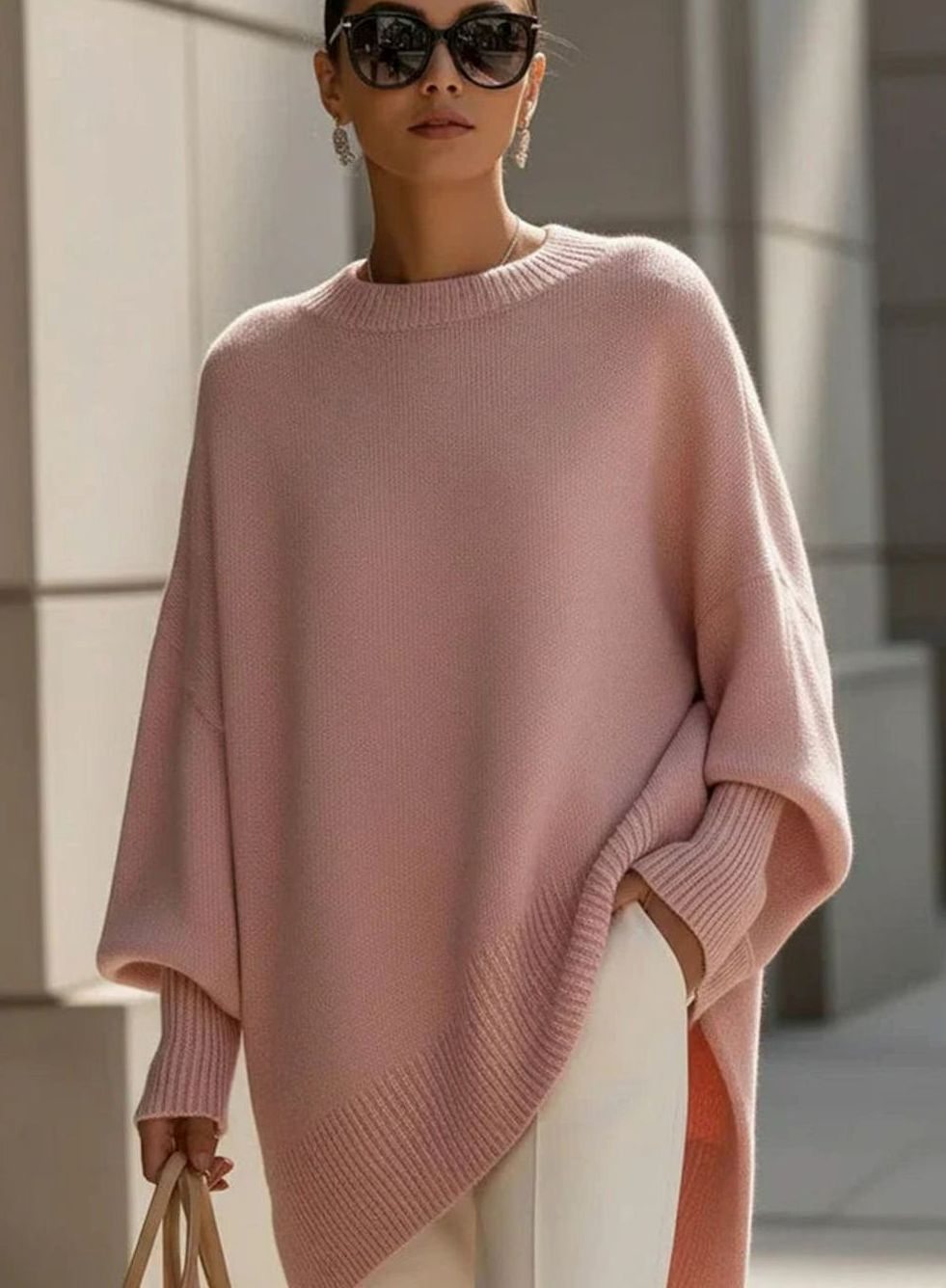 Women's Elegant Oversized Batwing-Sleeve Knit Poncho Sweater, Beige - Pink