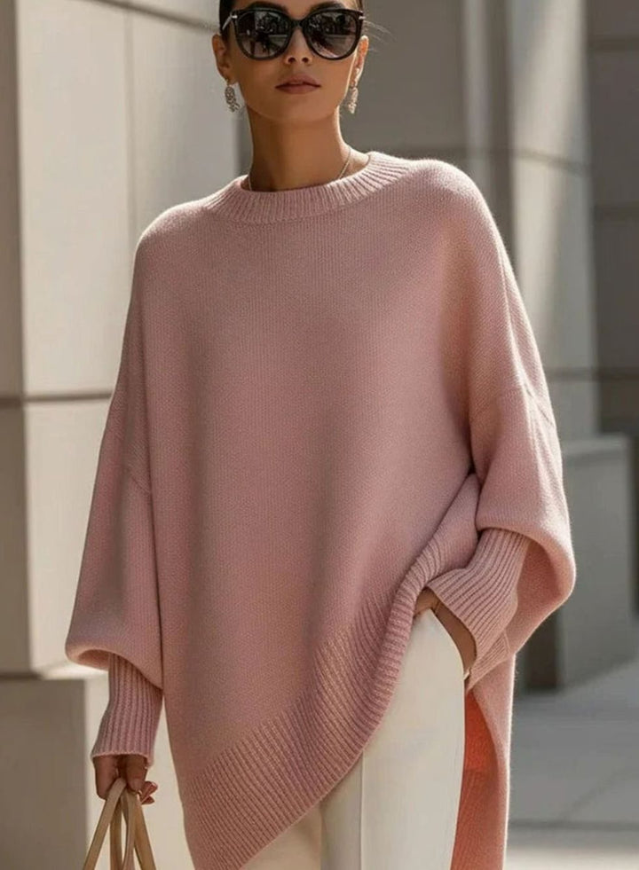 Women's Elegant Oversized Batwing-Sleeve Knit Poncho Sweater, Beige - Pink