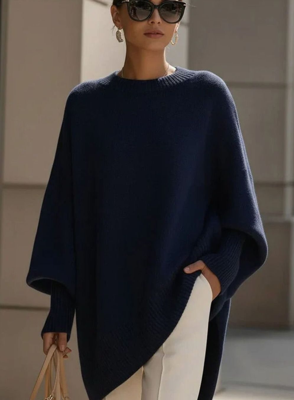 Women's Elegant Oversized Batwing-Sleeve Knit Poncho Sweater, Beige - Navy Blue