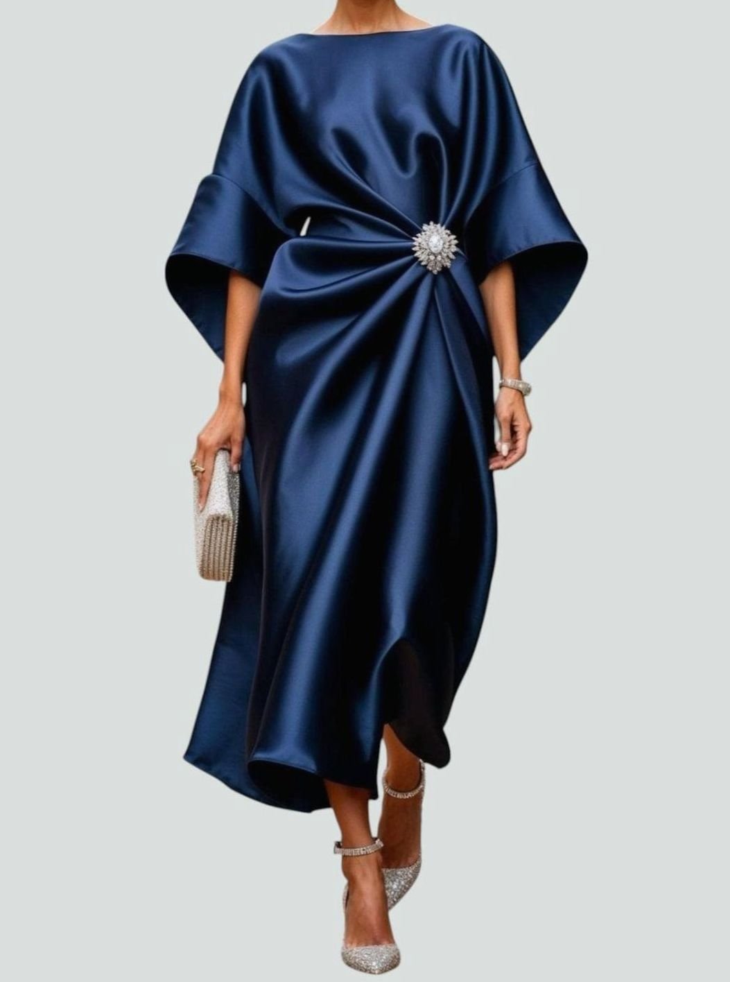 Women's Elegant Satin Batwing-Sleeve Brooch-Waist Midi Dress - Navy Blue