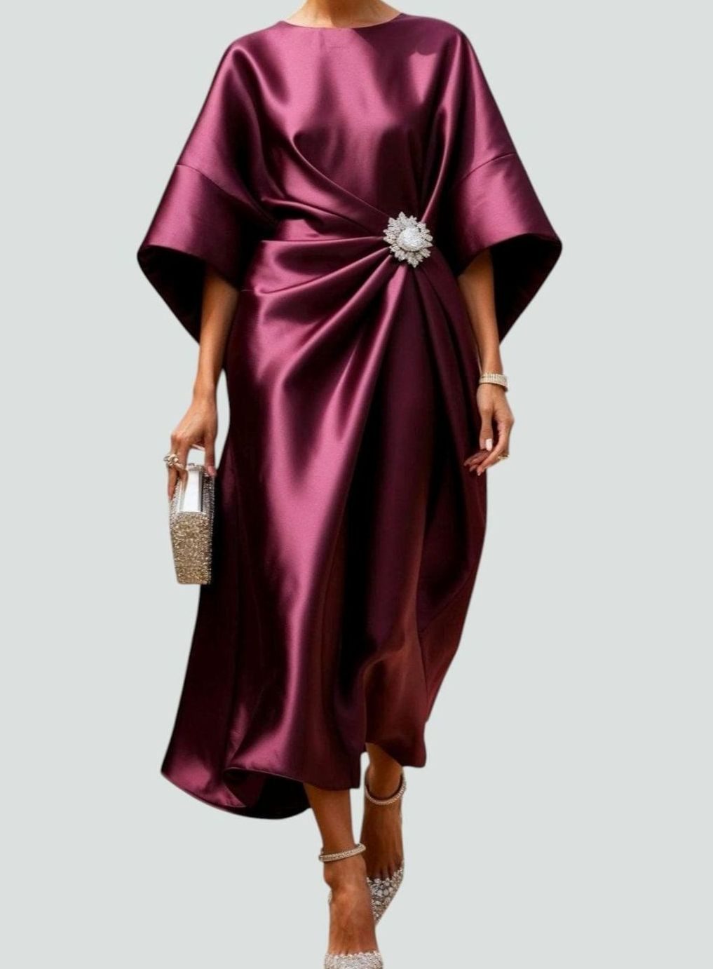 Women's Elegant Satin Batwing-Sleeve Brooch-Waist Midi Dress - Red