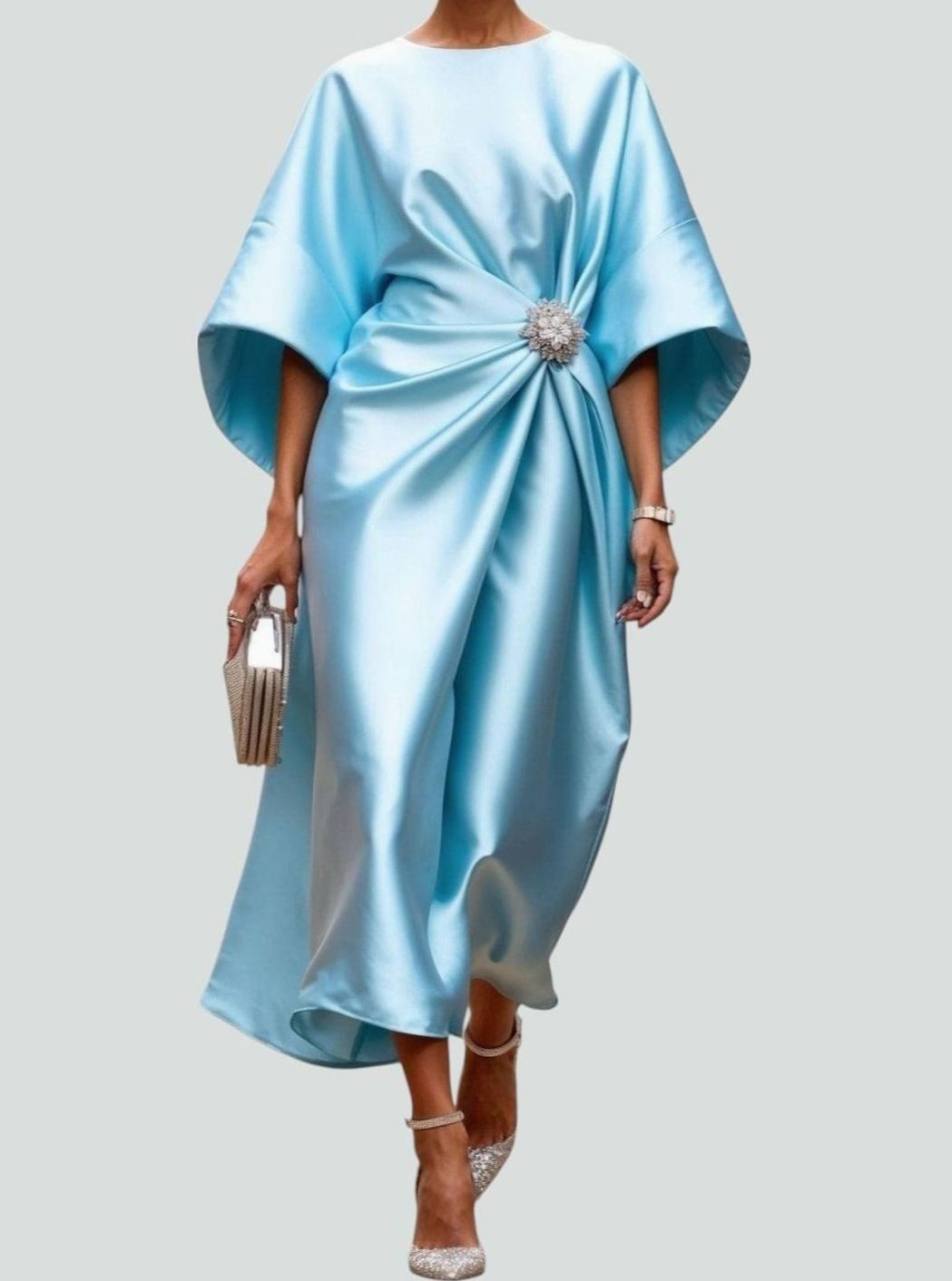 Women's Elegant Satin Batwing-Sleeve Brooch-Waist Midi Dress - Light Blue