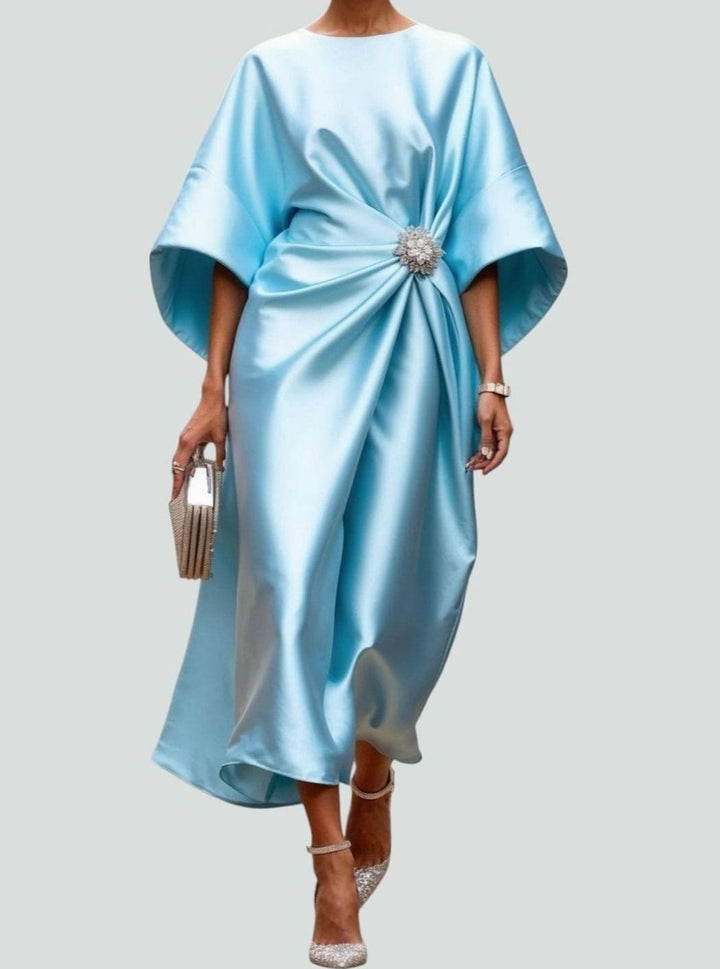 Women's Elegant Satin Batwing-Sleeve Brooch-Waist Midi Dress - Light Blue