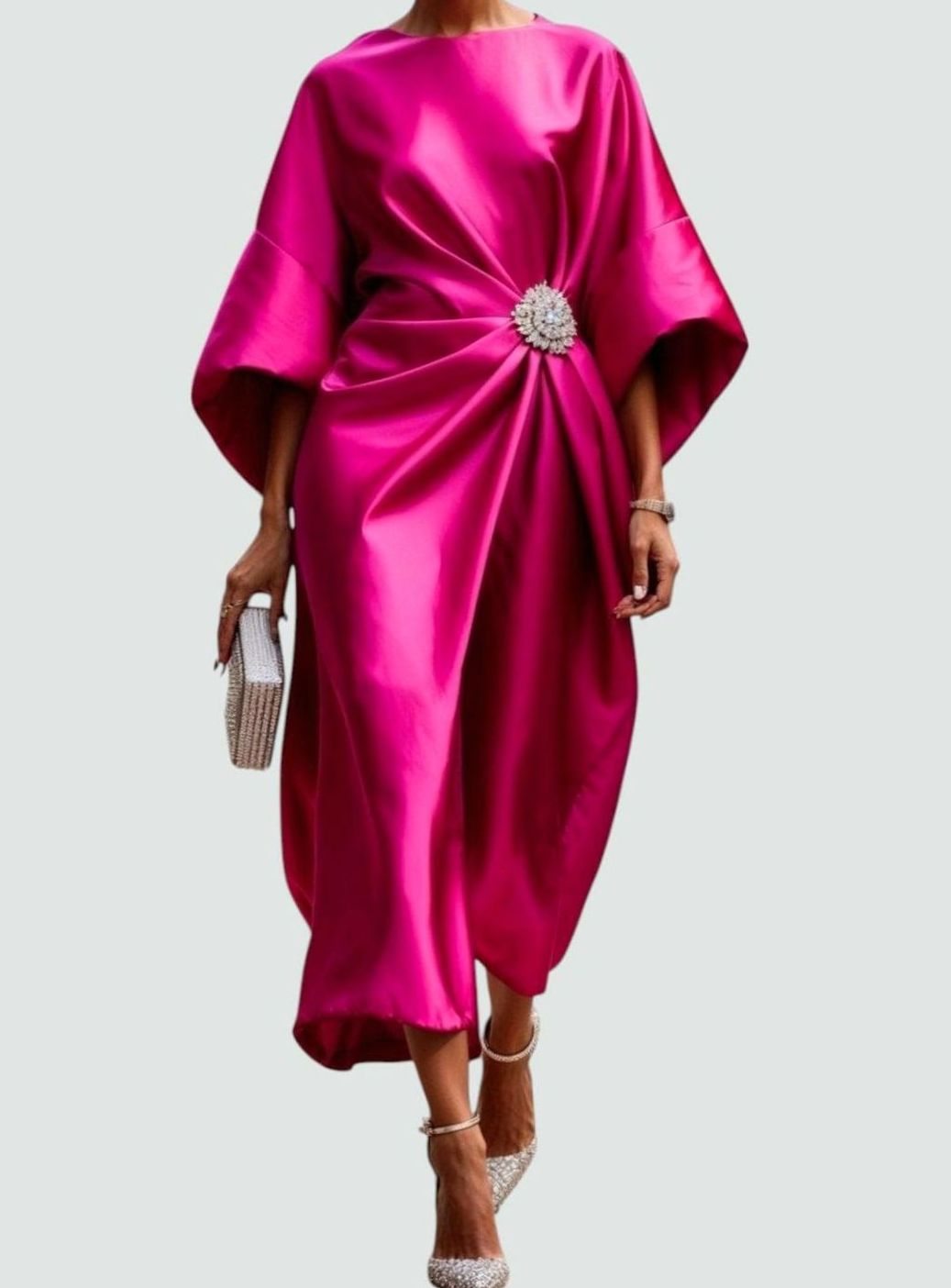 Women's Elegant Satin Batwing-Sleeve Brooch-Waist Midi Dress - Pink