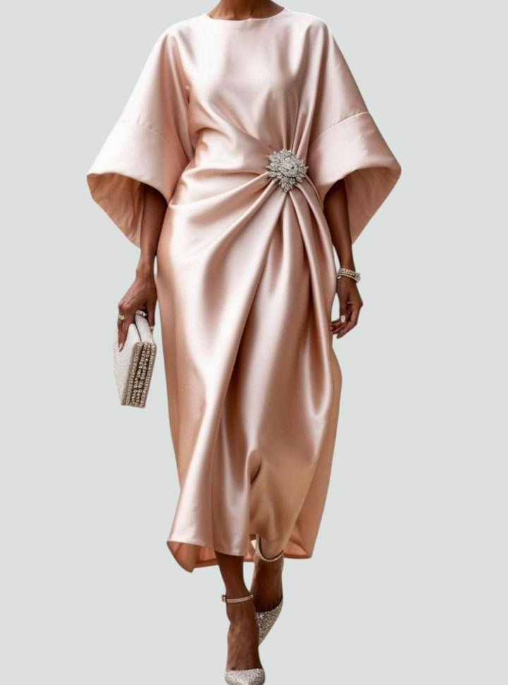 Women's Elegant Satin Batwing-Sleeve Brooch-Waist Midi Dress - Beige