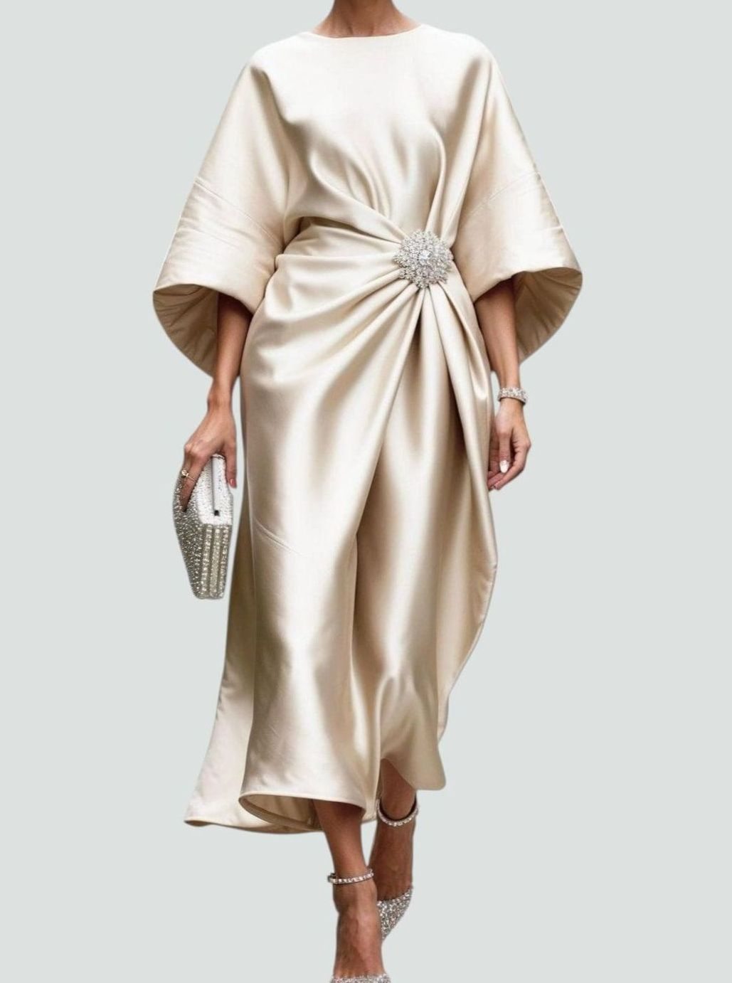 Women's Elegant Satin Batwing-Sleeve Brooch-Waist Midi Dress - Khaki