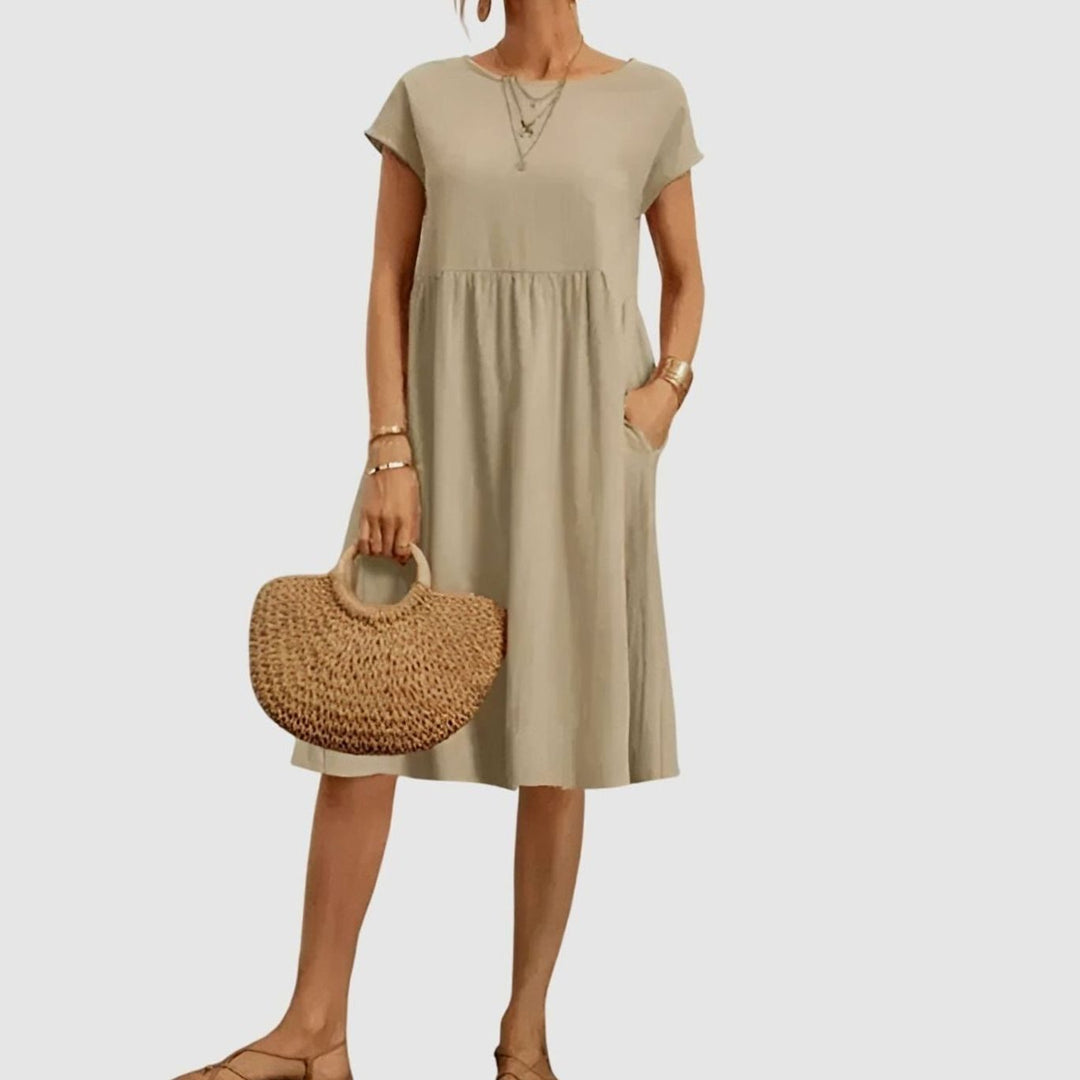 Women's Elegant Spring Dress Cap-Sleeve A-Line Midi Pockets - Beige