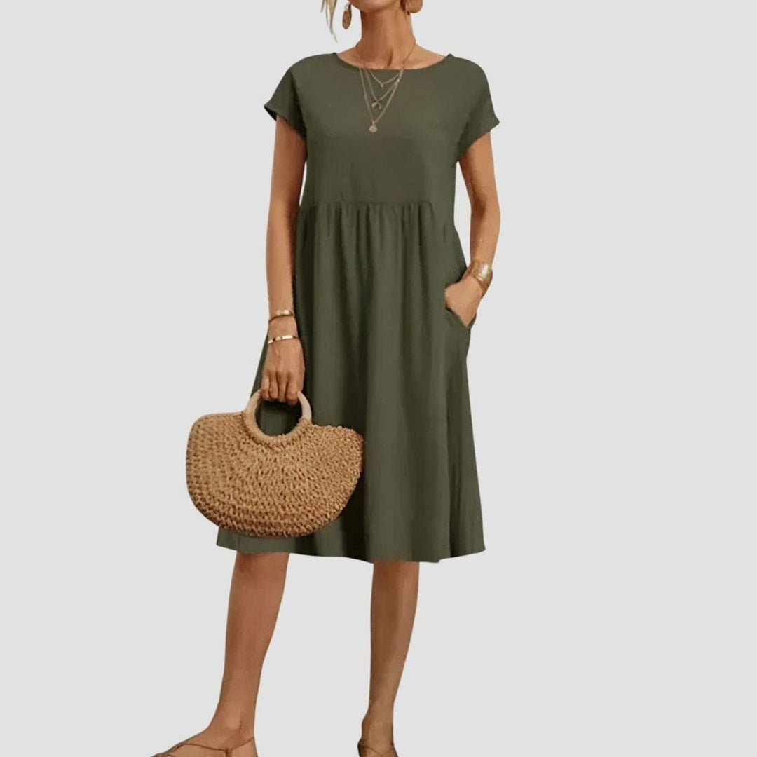 Women's Elegant Spring Dress Cap-Sleeve A-Line Midi Pockets - Green