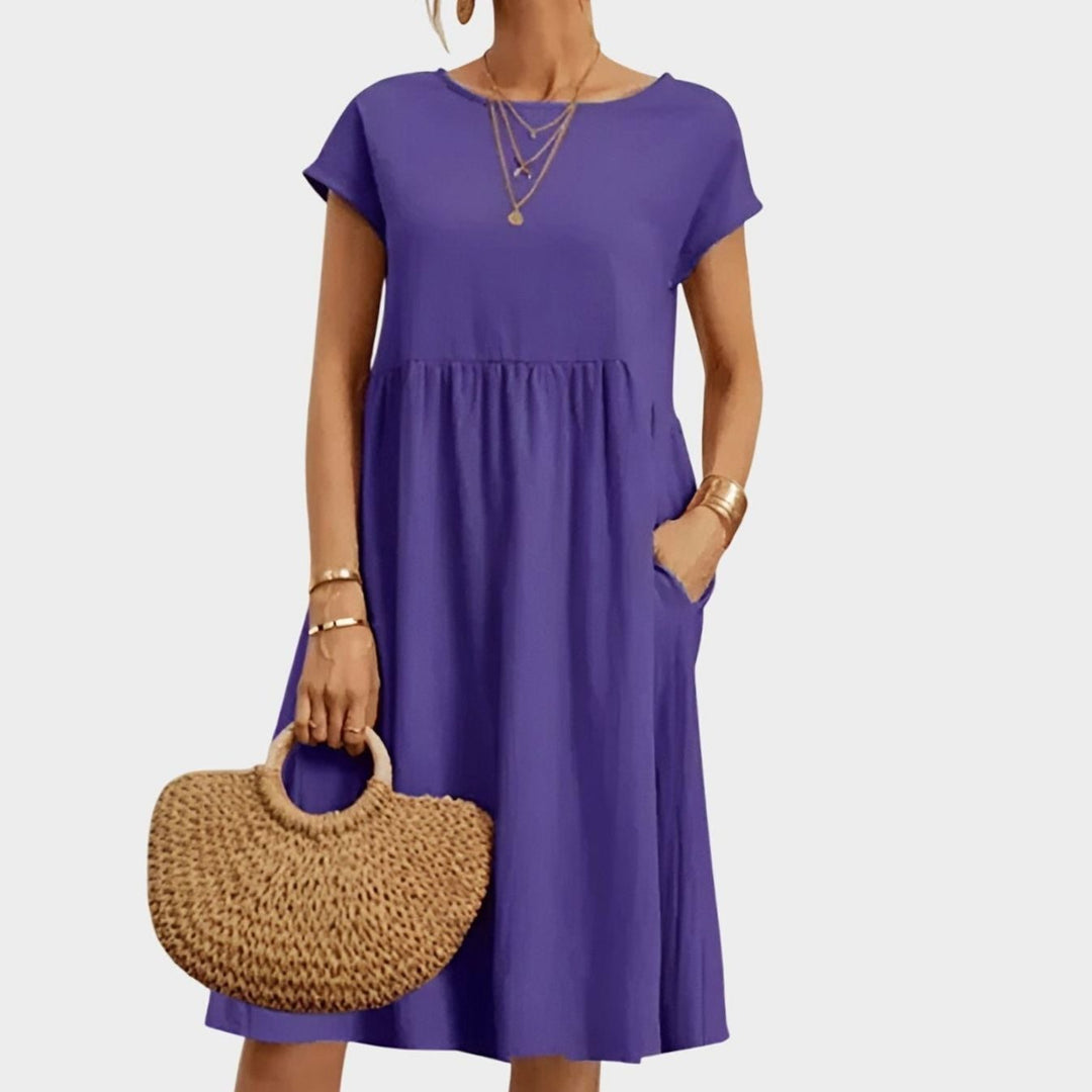 Women's Elegant Spring Dress Cap-Sleeve A-Line Midi Pockets - Purple