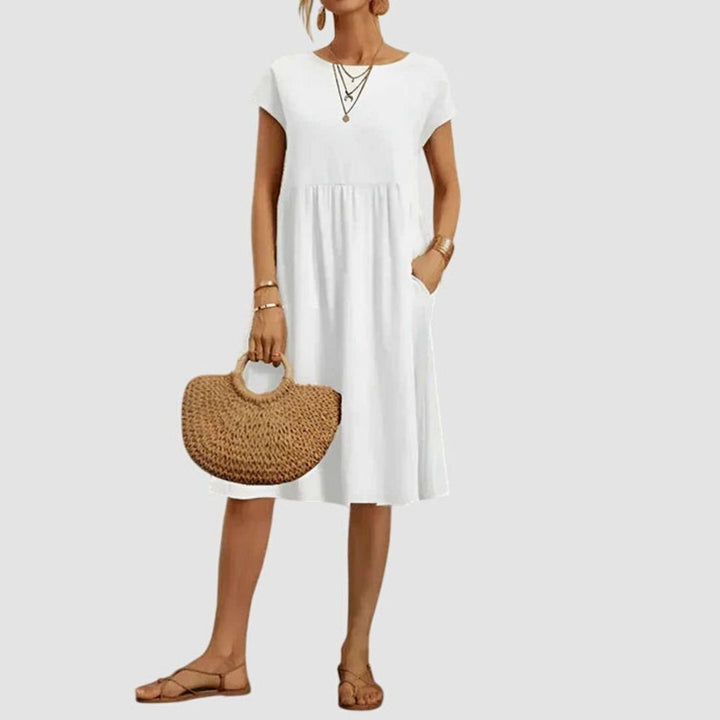 Women's Elegant Spring Dress Cap-Sleeve A-Line Midi Pockets - White