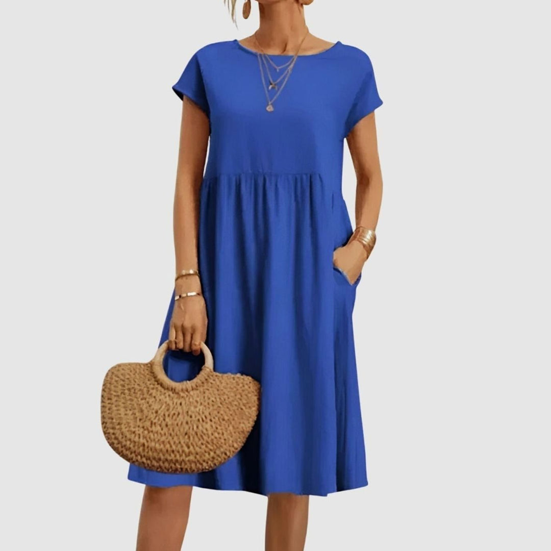 Women's Elegant Spring Dress Cap-Sleeve A-Line Midi Pockets - Ocean Blue