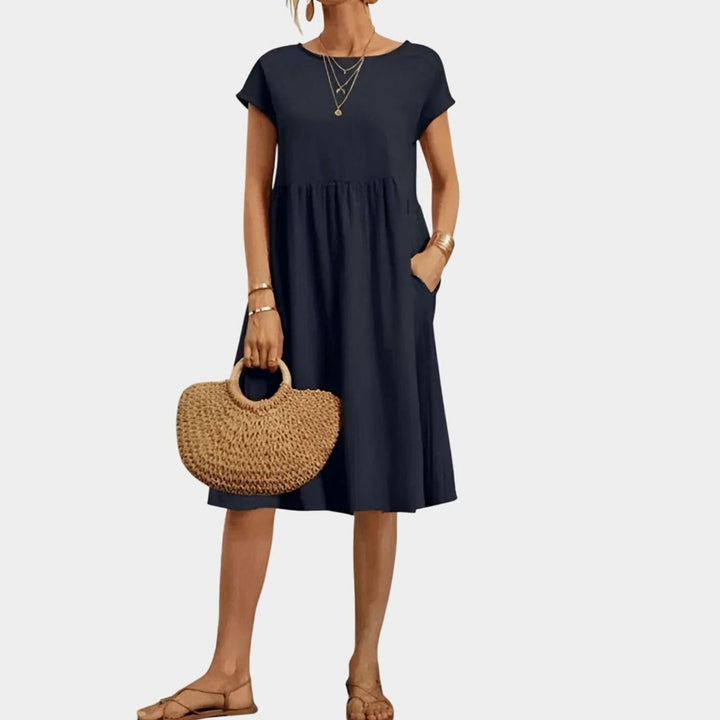 Women's Elegant Spring Dress Cap-Sleeve A-Line Midi Pockets - Blue