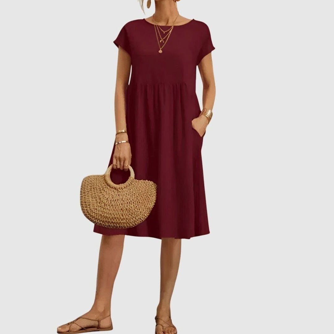 Women's Elegant Spring Dress Cap-Sleeve A-Line Midi Pockets - Burgundy
