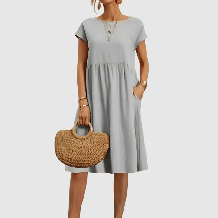 Women's Elegant Spring Dress Cap-Sleeve A-Line Midi Pockets - Gray