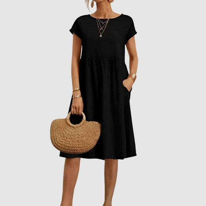 Women's Elegant Spring Dress Cap-Sleeve A-Line Midi Pockets - Black