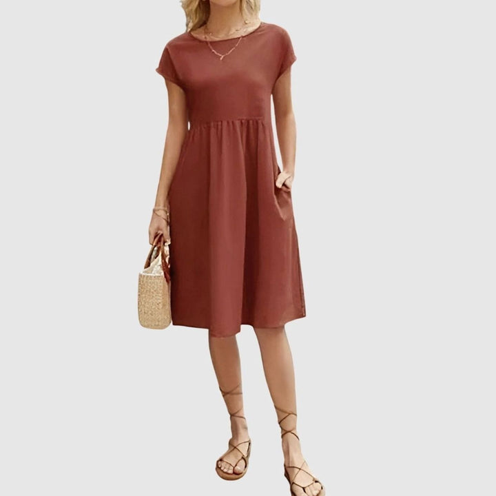 Women's Elegant Spring Dress Cap-Sleeve A-Line Midi Pockets - Brown