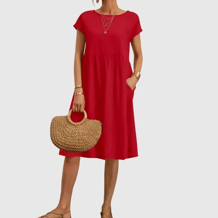 Women's Elegant Spring Dress Cap-Sleeve A-Line Midi Pockets - Red
