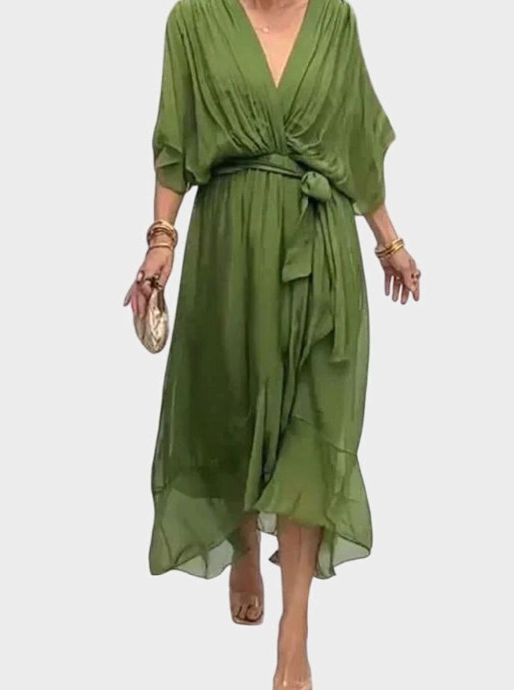 Women's Elegant V-Neck Belted Batwing-Sleeve Midi Dress - Green