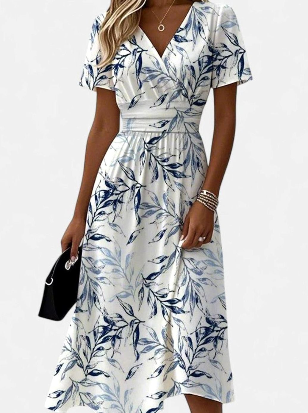 Women's Elegant V-Neck Leaf-Print Flutter-Sleeve Midi Dress - White