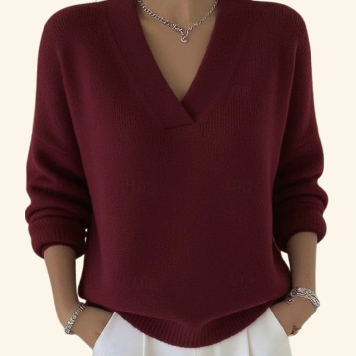 Women's Elegant V-Neck Relaxed-Fit Knit Sweater - Red