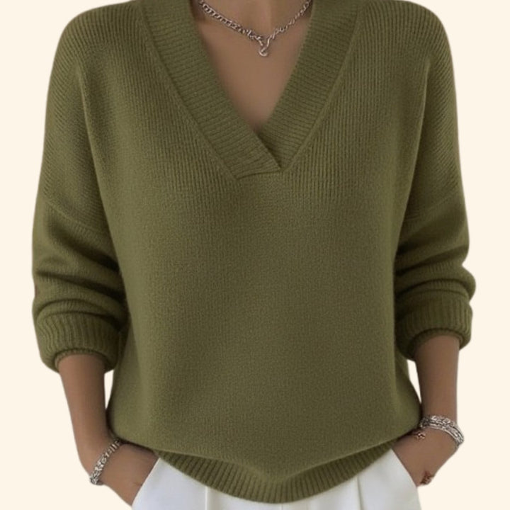 Women's Elegant V-Neck Relaxed-Fit Knit Sweater - Green