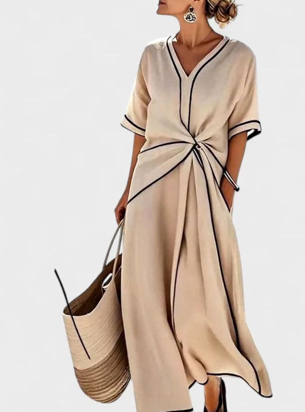 Women's Elegant V-Neck Twist-Front Midi Dress Contrast Trim - Beige