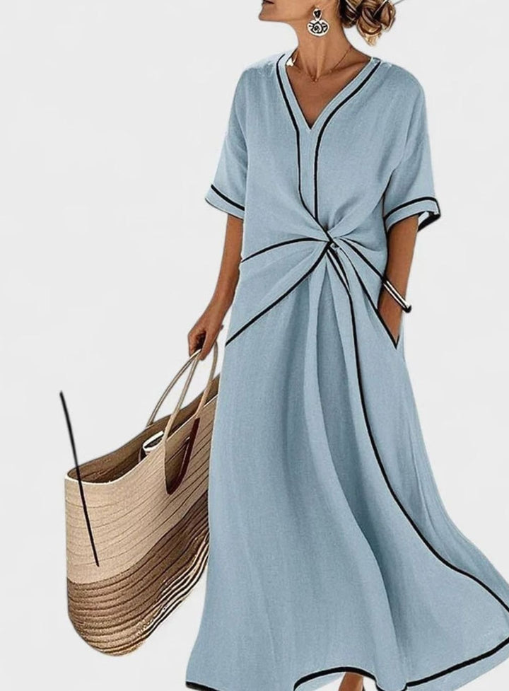 Women's Elegant V-Neck Twist-Front Midi Dress Contrast Trim - Blue