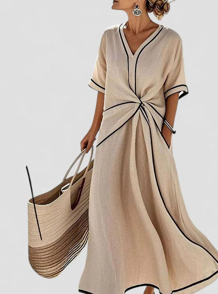 Women's Elegant V-Neck Twist-Front Midi Dress Contrast Trim
