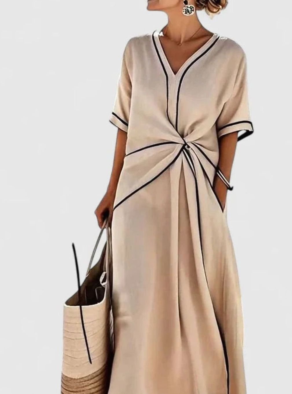 Women's Elegant V-Neck Twist-Front Midi Dress Contrast Trim