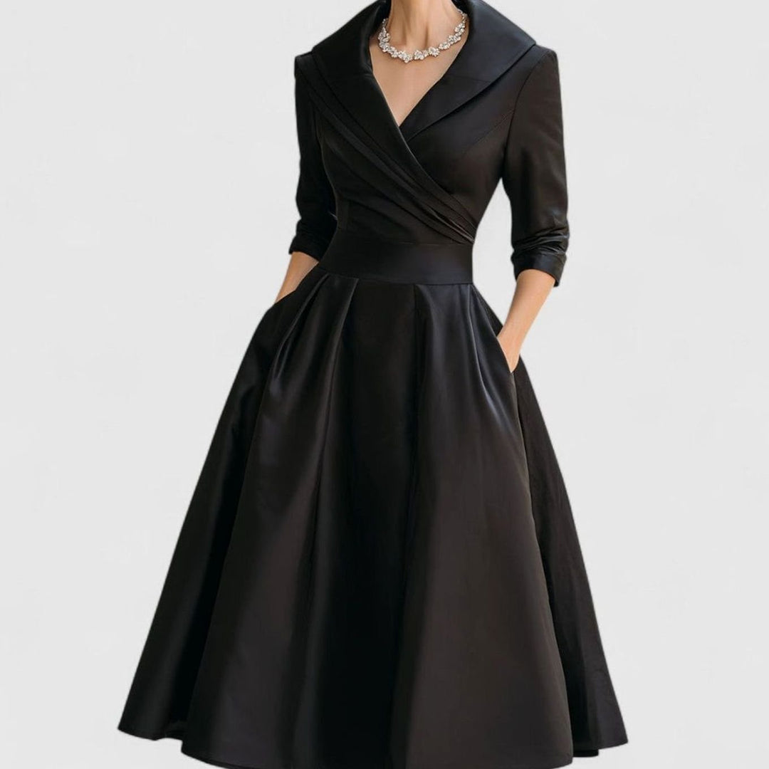 Women's Elegant V-Neck Wrap-Bodice Flared Midi Dress - Black