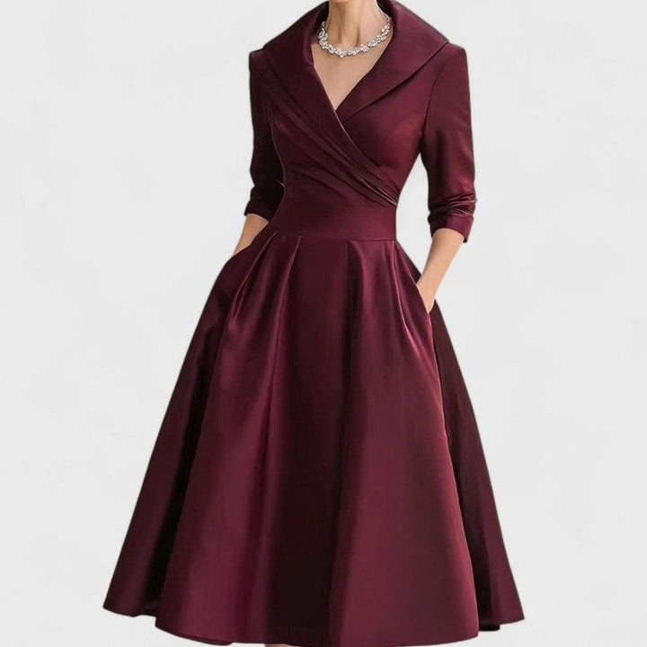 Women's Elegant V-Neck Wrap-Bodice Flared Midi Dress - Deep Red