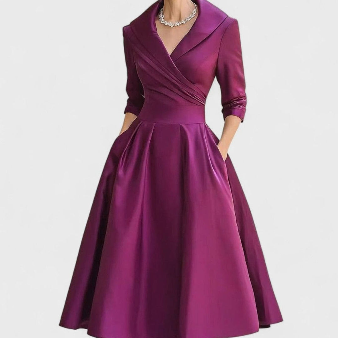 Women's Elegant V-Neck Wrap-Bodice Flared Midi Dress - Purple