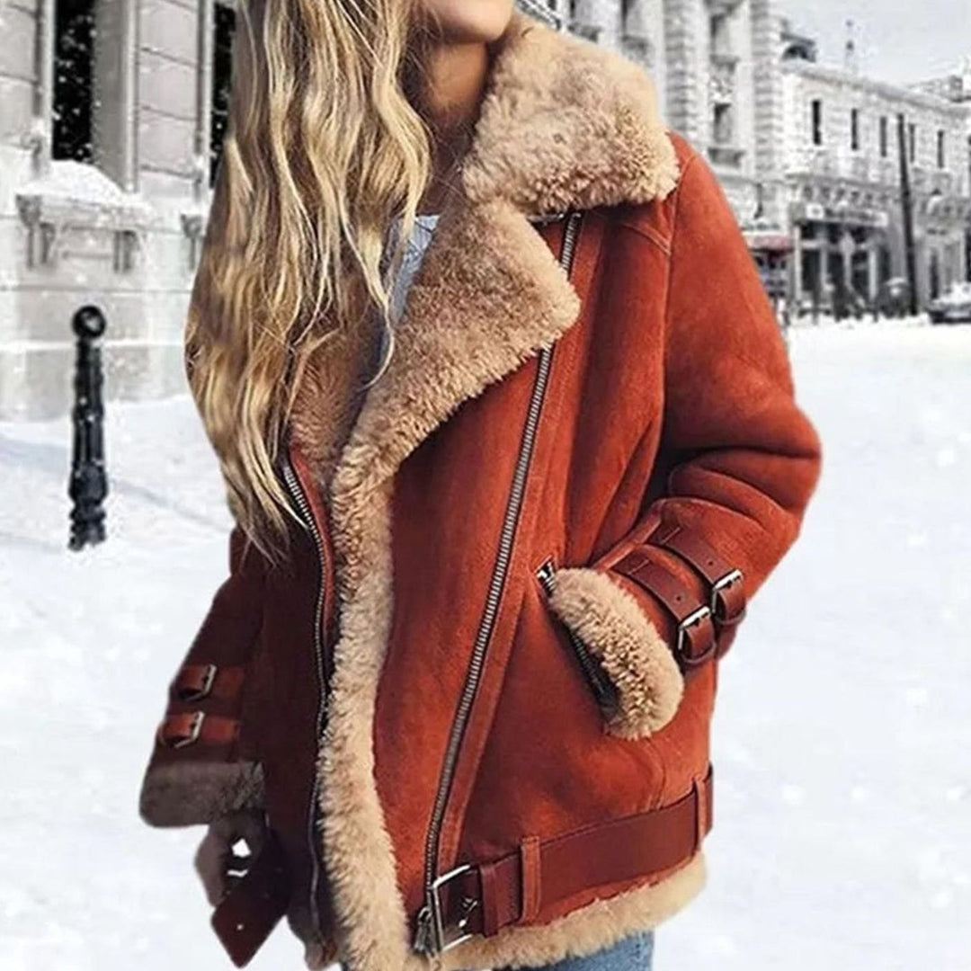 Women's Faux Fur Lined Suede Oversized-Collar Moto Jacket - Orange