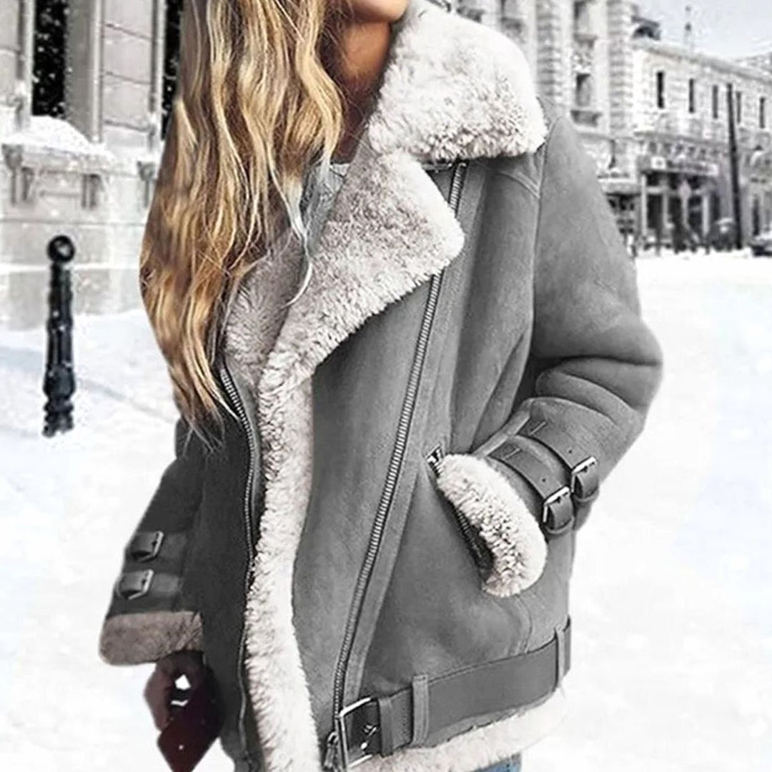 Women's Faux Fur Lined Suede Oversized-Collar Moto Jacket - Grey