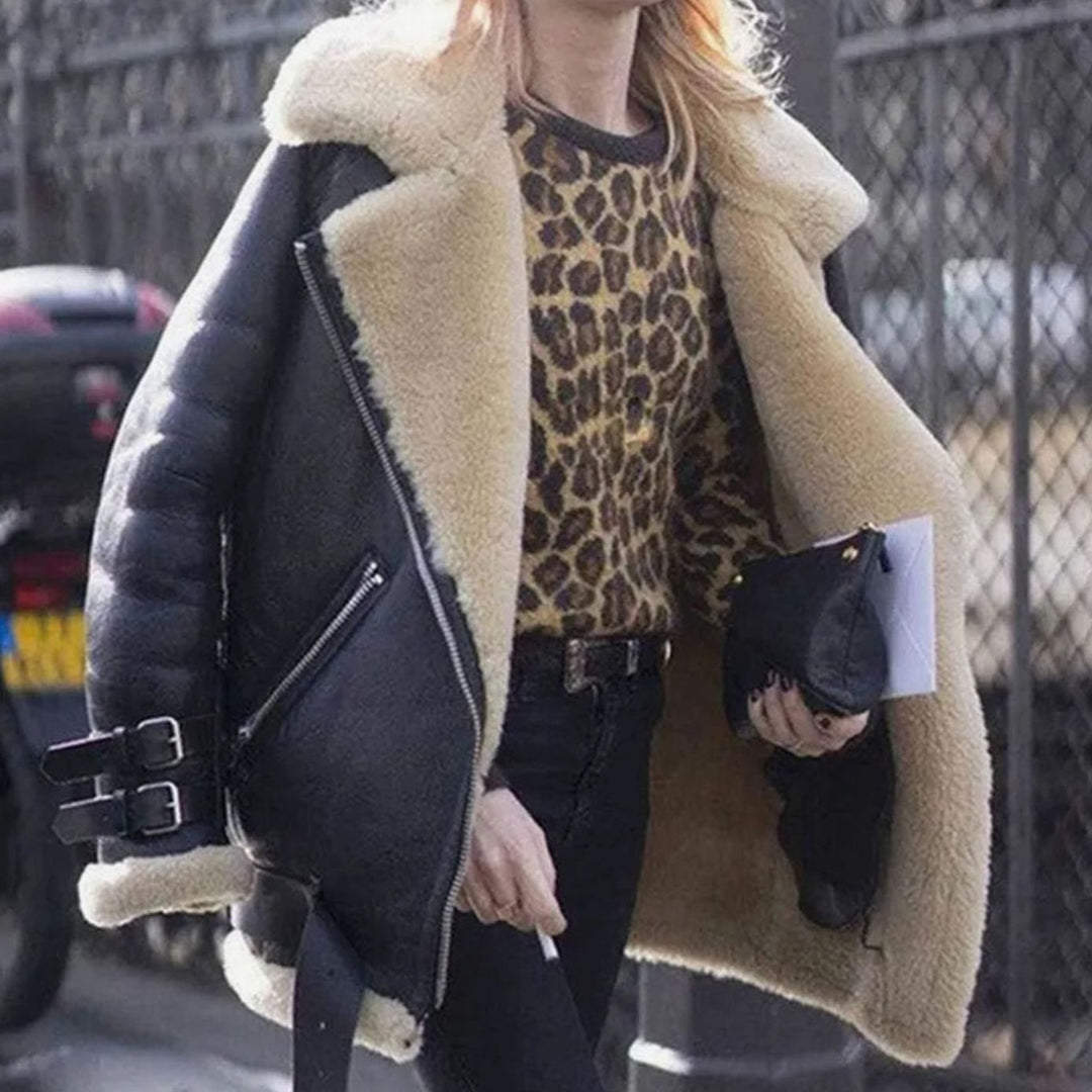 Women's Faux Fur Lined Suede Oversized-Collar Moto Jacket - Black