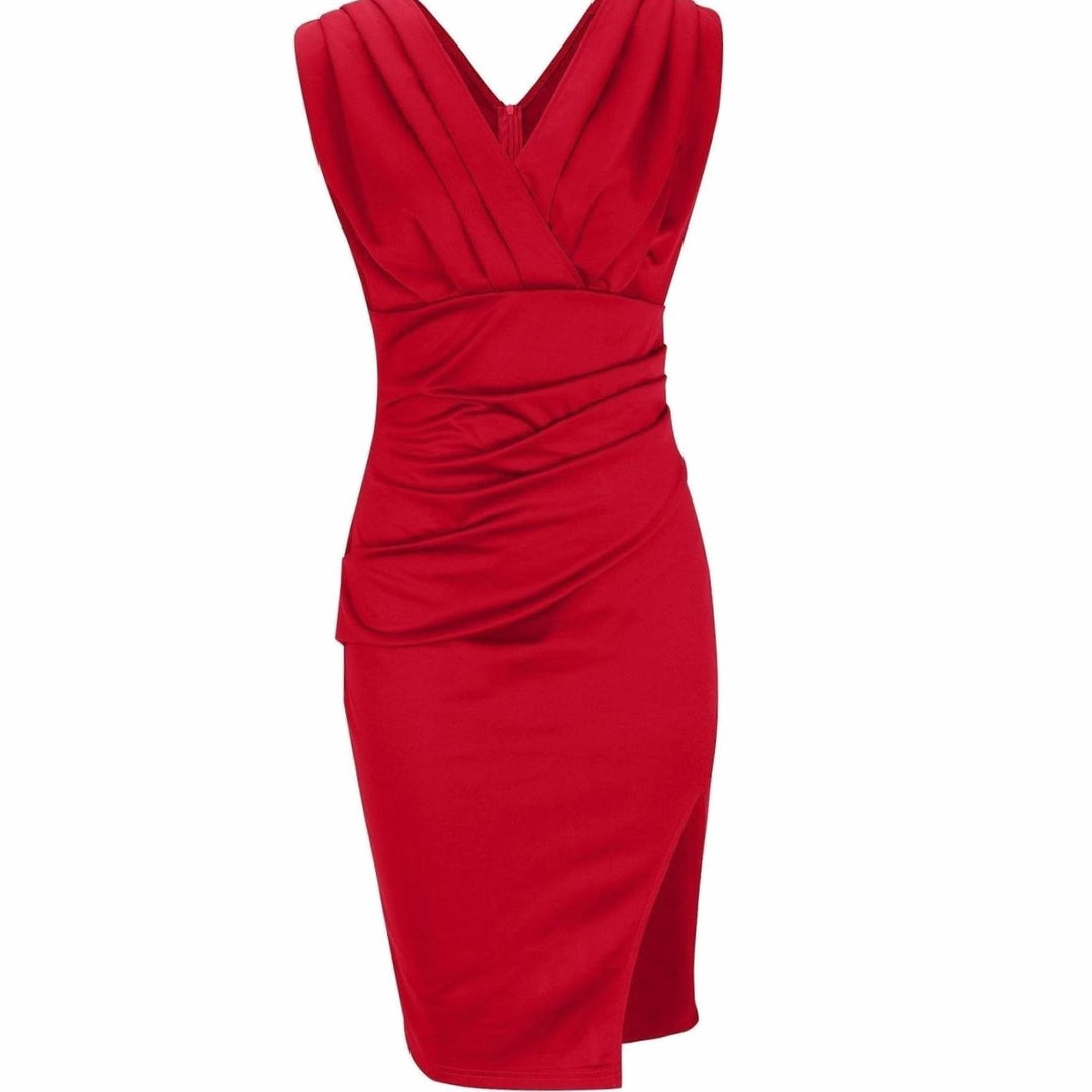 Women's Fitted V-Neck Ruched Midi Dress Side Slit