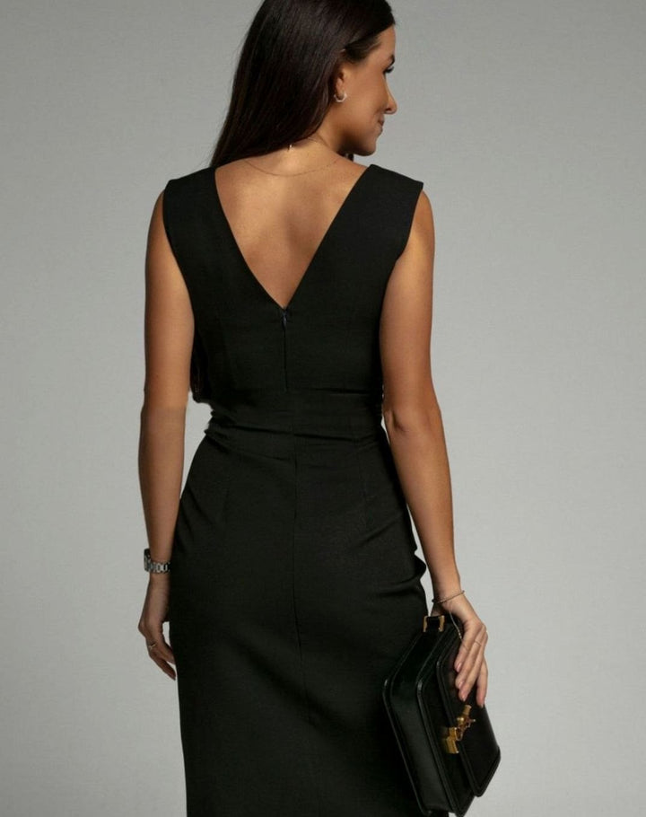Women's Fitted V-Neck Ruched Midi Dress Side Slit