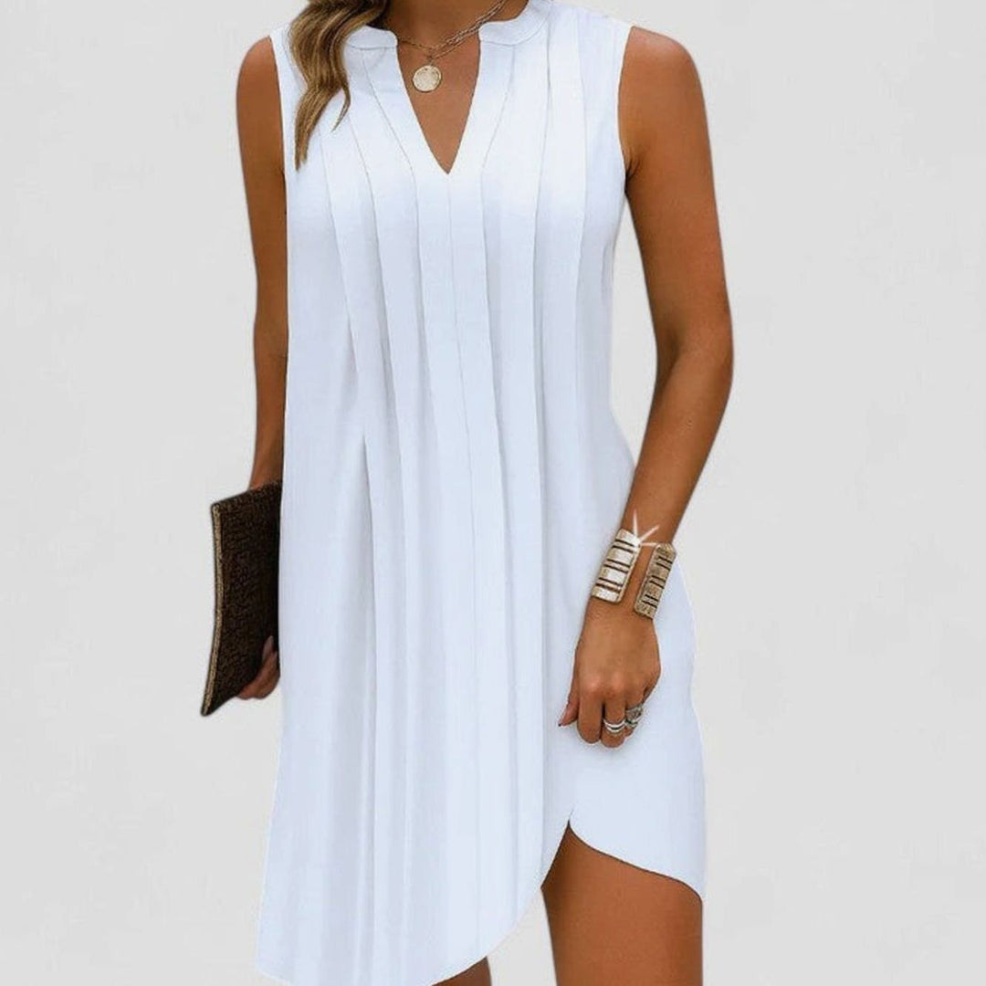Women's Flattering Dress Sleeveless V-Neck Pleated Knee-Length Shift