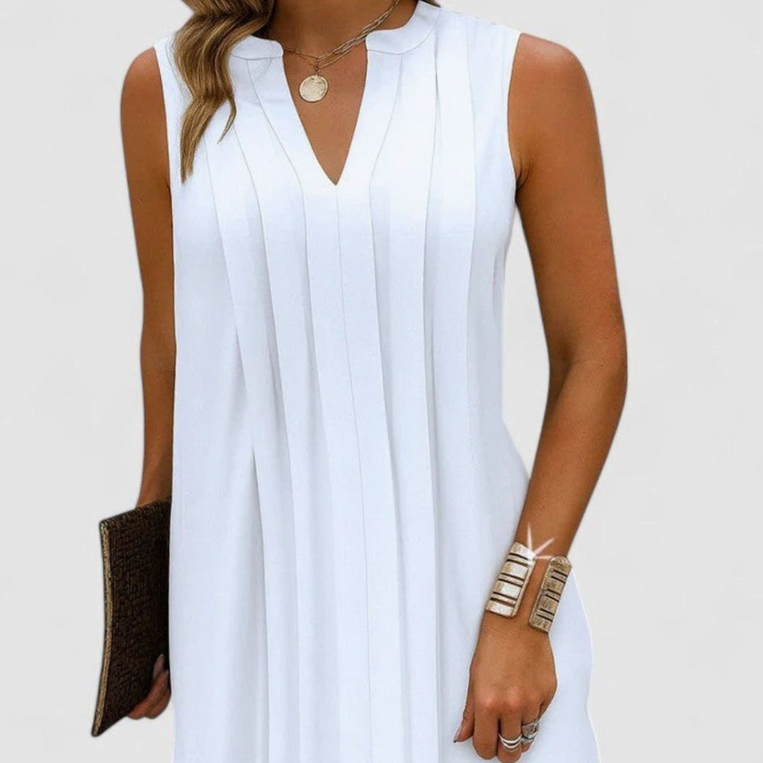 Women's Flattering Dress Sleeveless V-Neck Pleated Knee-Length Shift - White