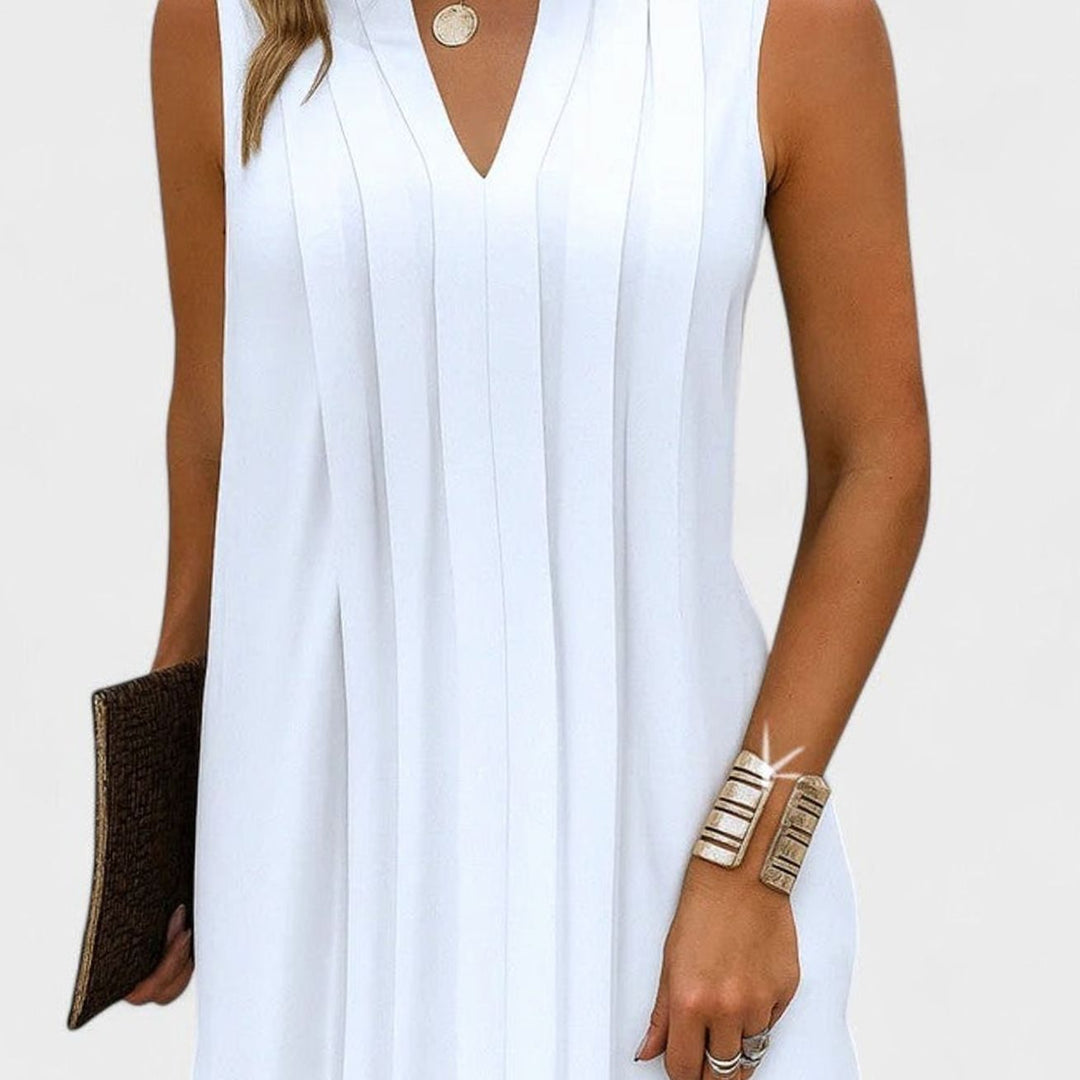 Women's Flattering Dress Sleeveless V-Neck Pleated Knee-Length Shift