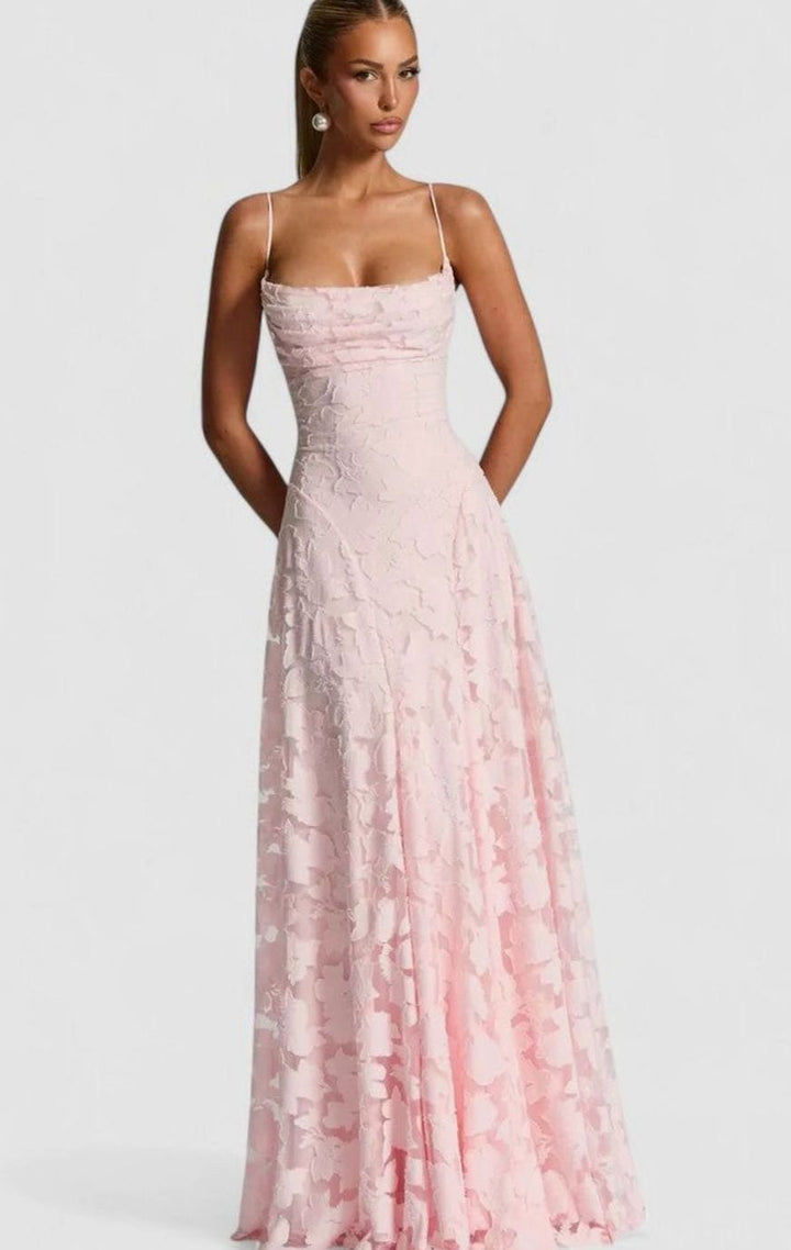 Women's Floral Appliqué Cowl-Neck Open-Back Formal Maxi Dress - Rose