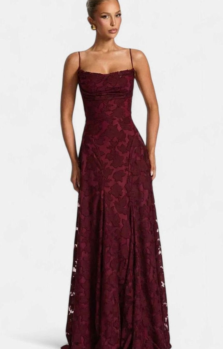 Women's Floral Appliqué Cowl-Neck Open-Back Formal Maxi Dress - Cherry