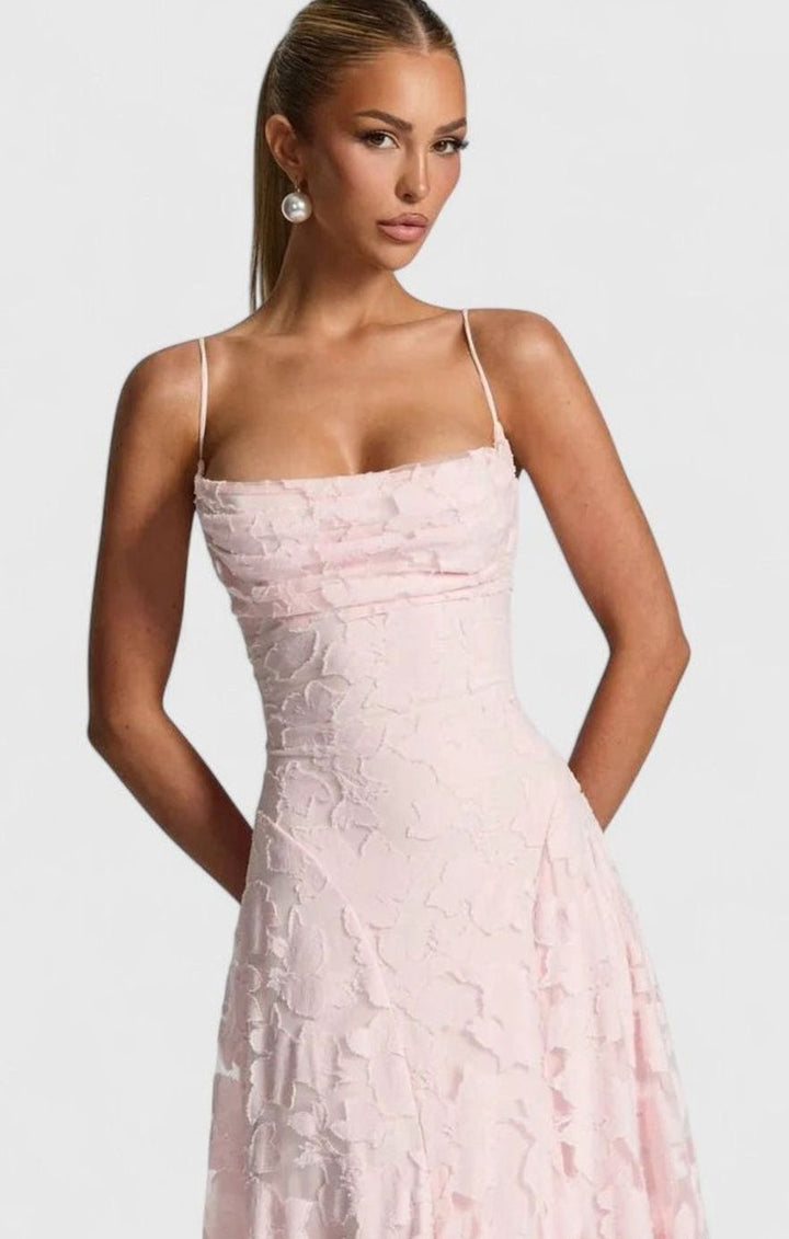 Women's Floral Appliqué Cowl-Neck Open-Back Formal Maxi Dress