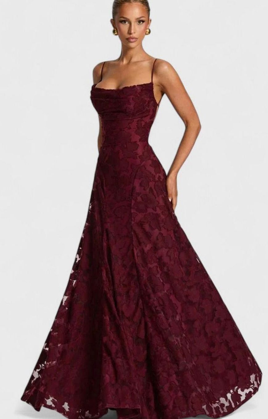 Women's Floral Appliqué Cowl-Neck Open-Back Formal Maxi Dress