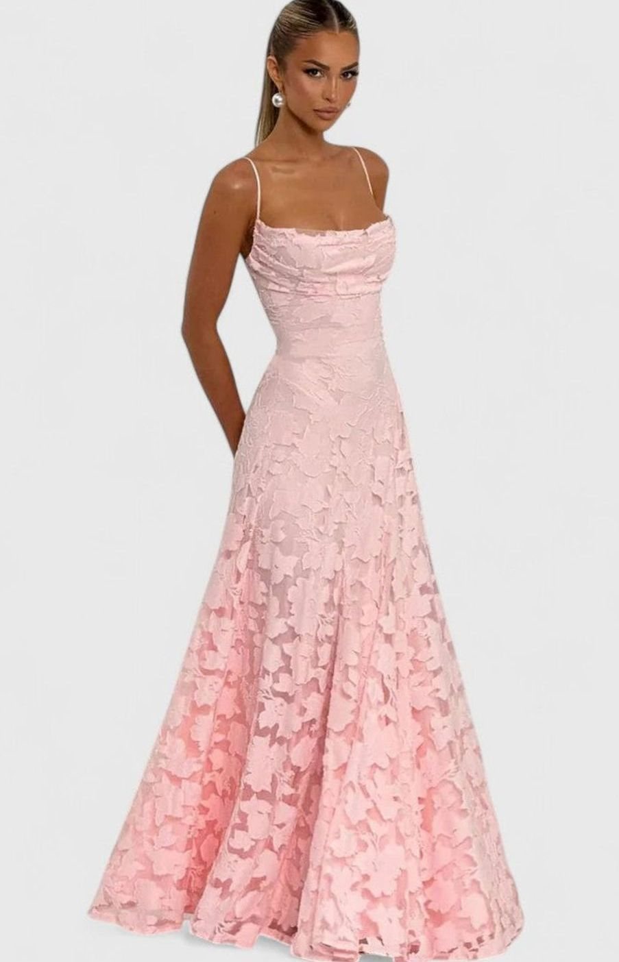 Women's Floral Appliqué Cowl-Neck Open-Back Formal Maxi Dress